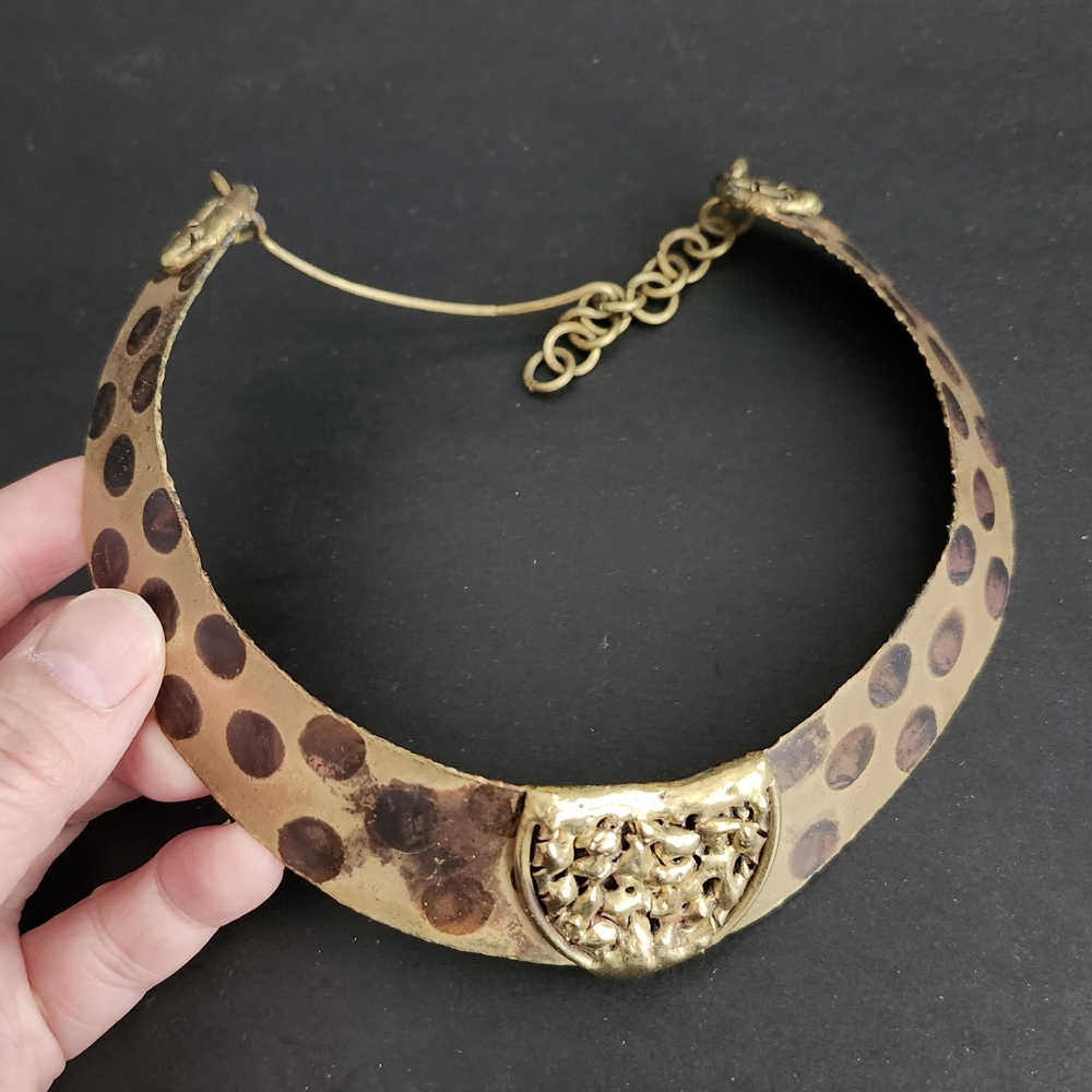Vintage Brass Collar Necklace w/ Leopard Print Patina, Boho Brass Choker
